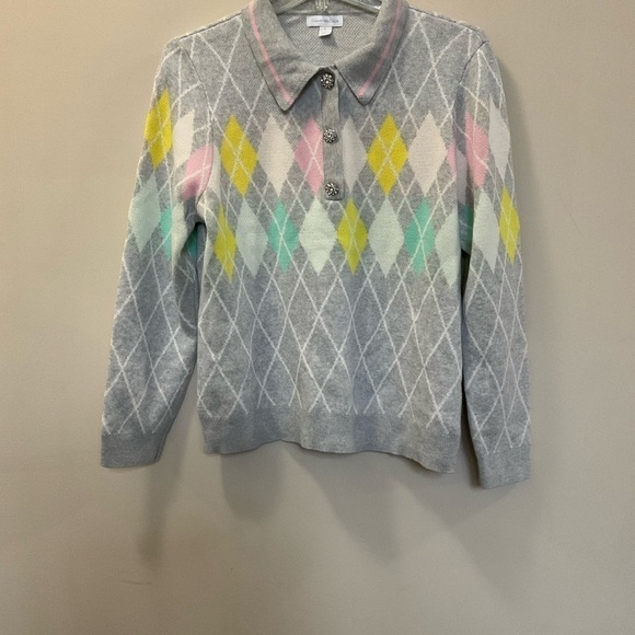 Charter Club Long Sleeve Pastel Argyle Polo Sweater Crystal Details Size Large - Picture 2 of 8